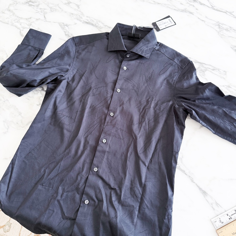 Emporio Armani tonal script logo EM003317 Navy‎ Blue Cotton Shirt Mens MED